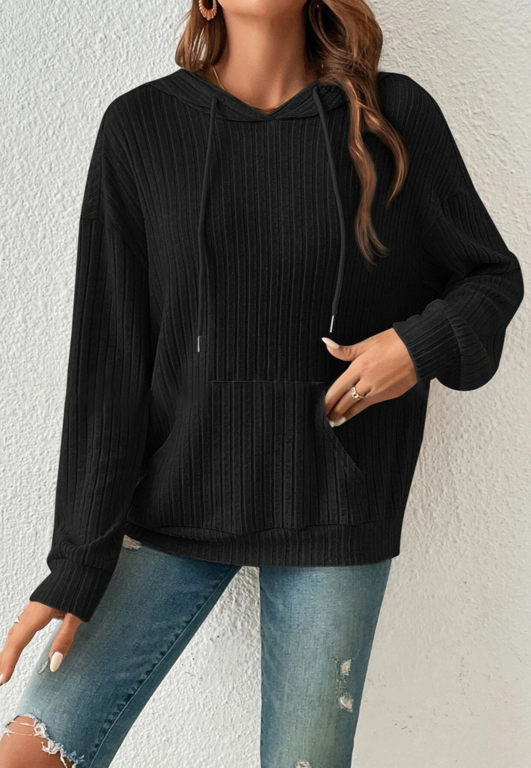 Ribbed Knit Drop Shoulder Hoodie