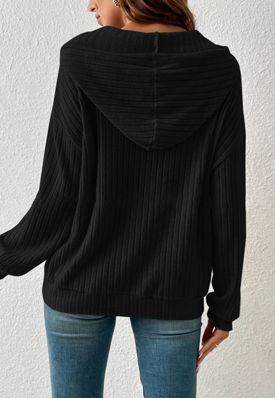 Ribbed Knit Drop Shoulder Hoodie