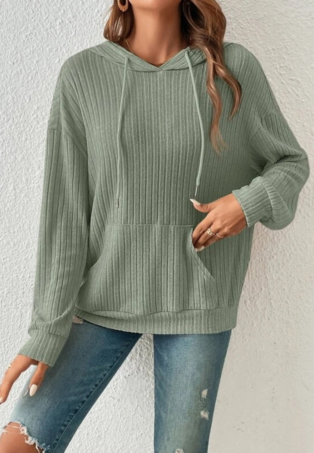 Ribbed Knit Drop Shoulder Hoodie