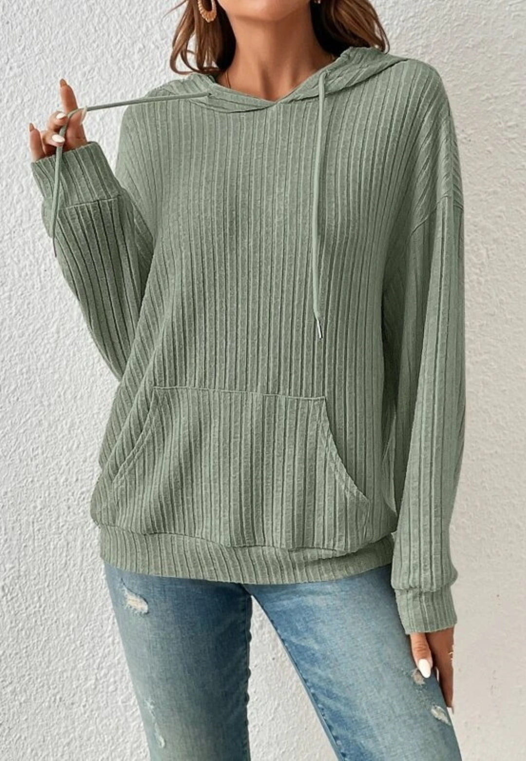 Ribbed Knit Drop Shoulder Hoodie
