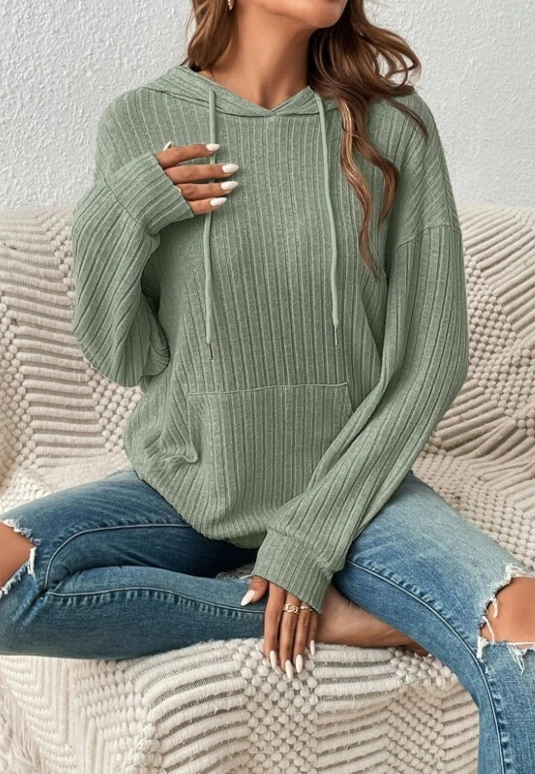 Ribbed Knit Drop Shoulder Hoodie