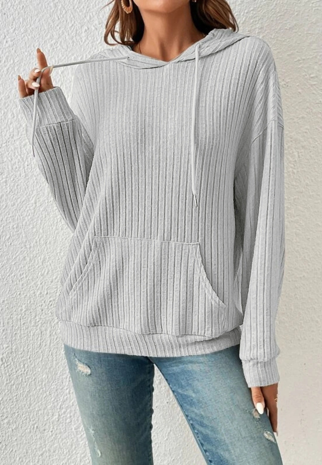 Ribbed Knit Drop Shoulder Hoodie