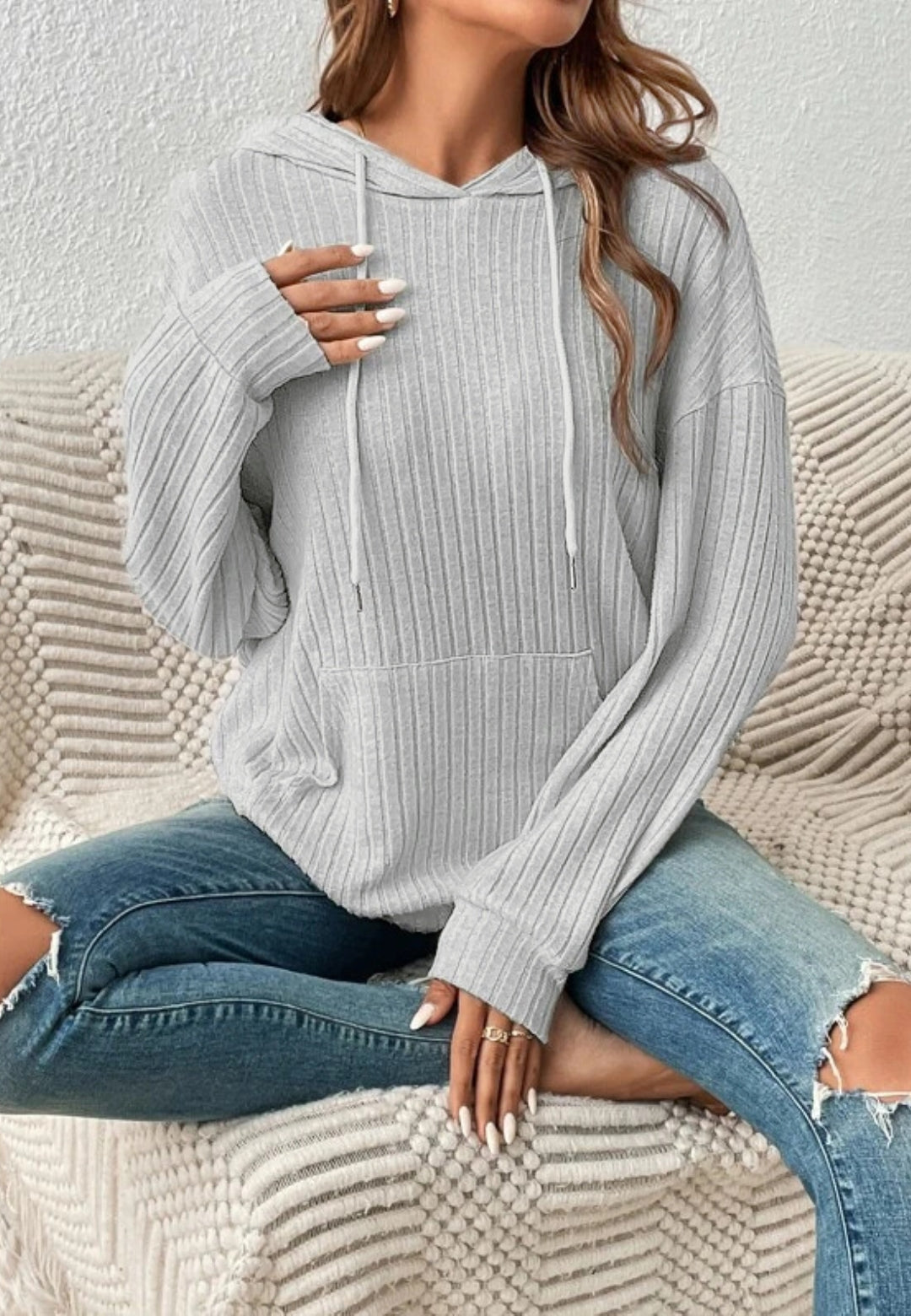 Ribbed Knit Drop Shoulder Hoodie