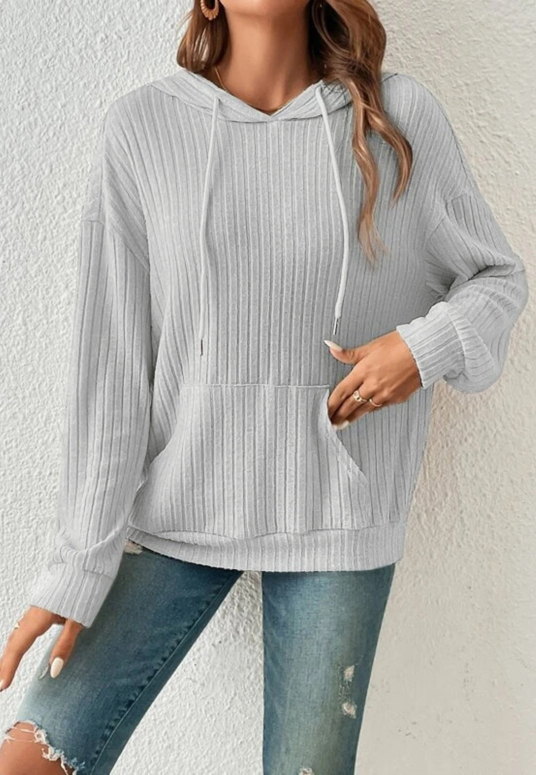 Ribbed Knit Drop Shoulder Hoodie