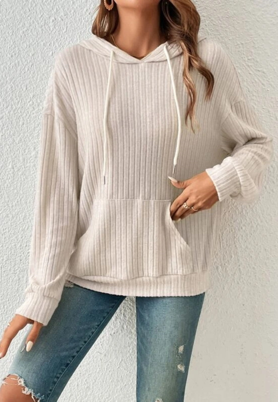 Ribbed Knit Drop Shoulder Hoodie