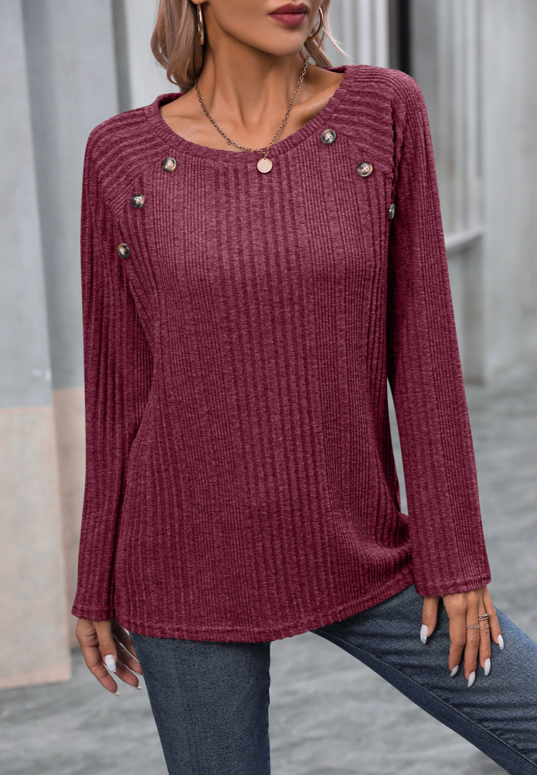 Button Detail Textured Knit Sweater