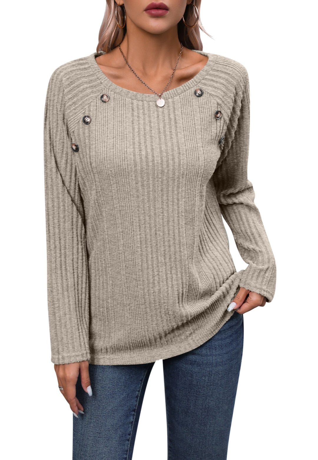 Button Detail Textured Knit Sweater