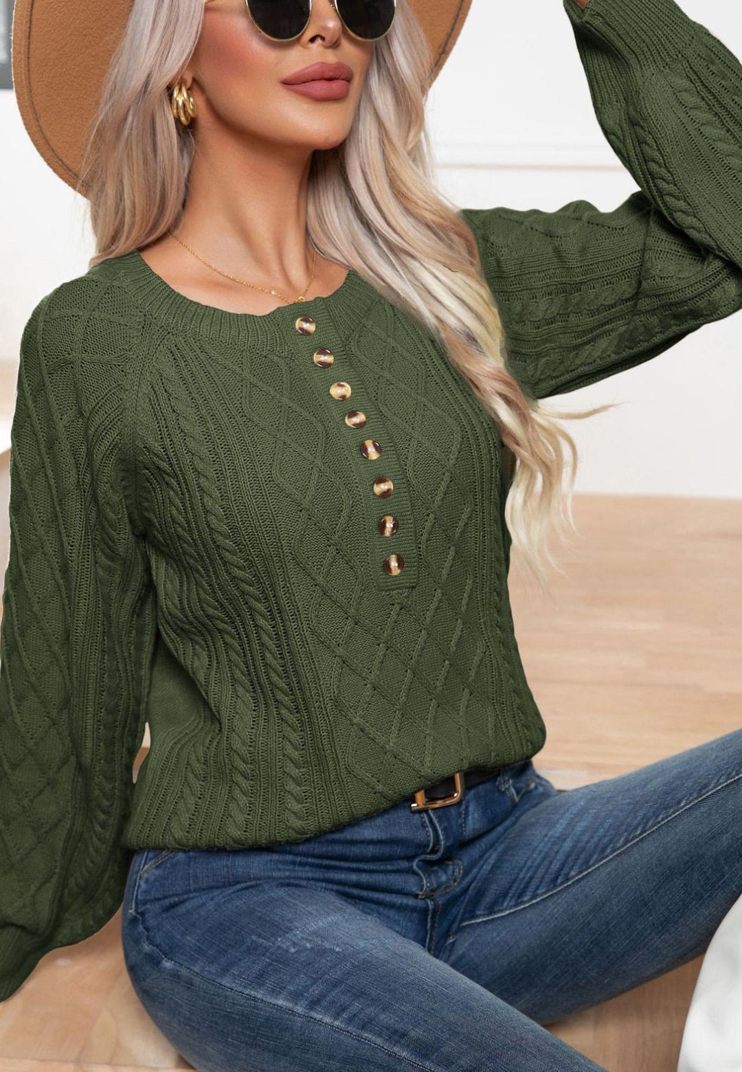 Button Detail Cable Knit Sweater