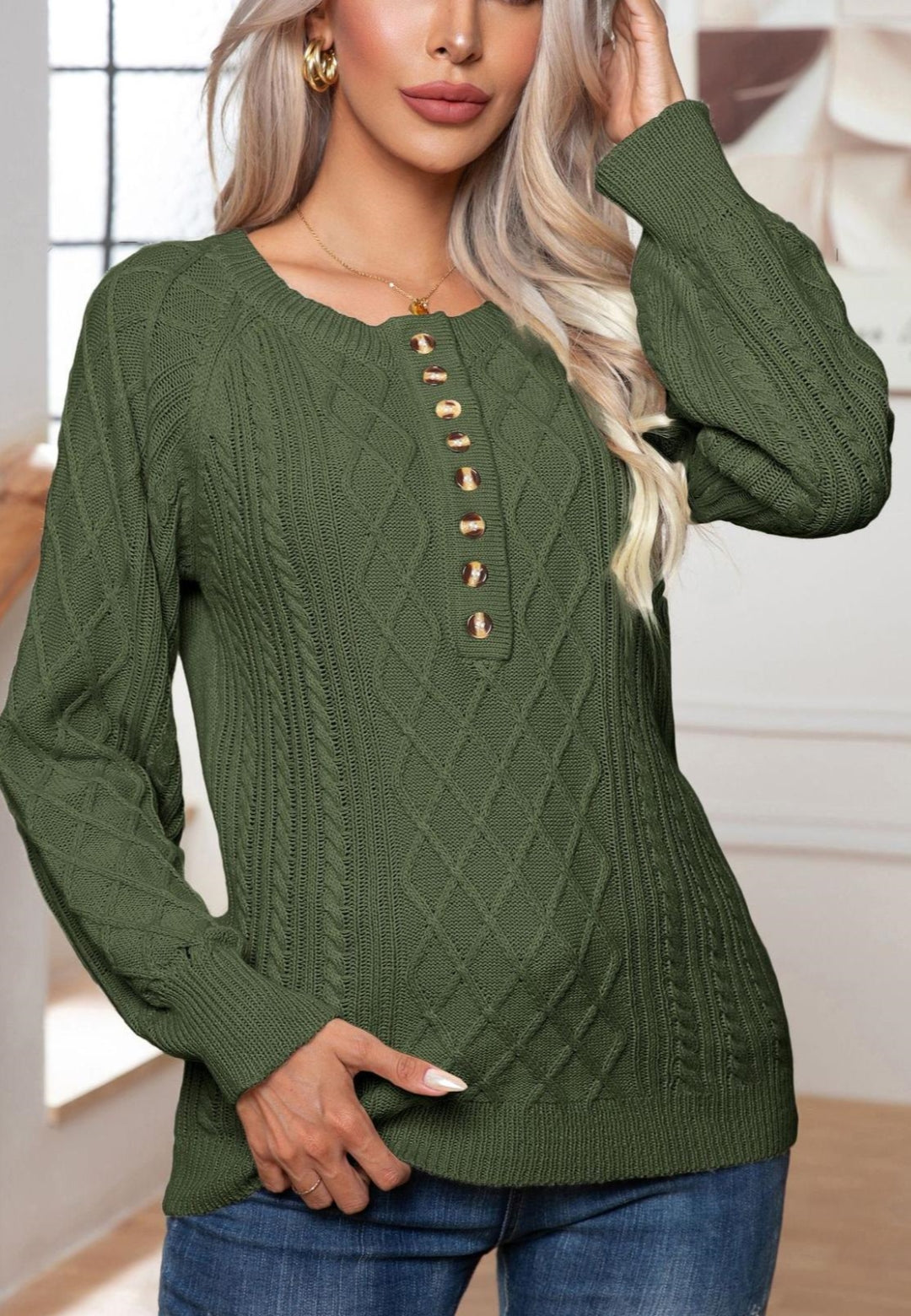 Button Detail Cable Knit Sweater