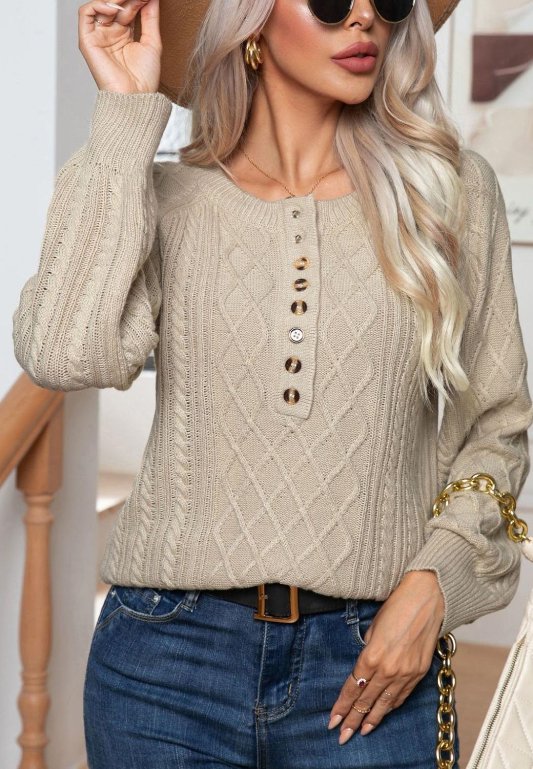 Button Detail Cable Knit Sweater