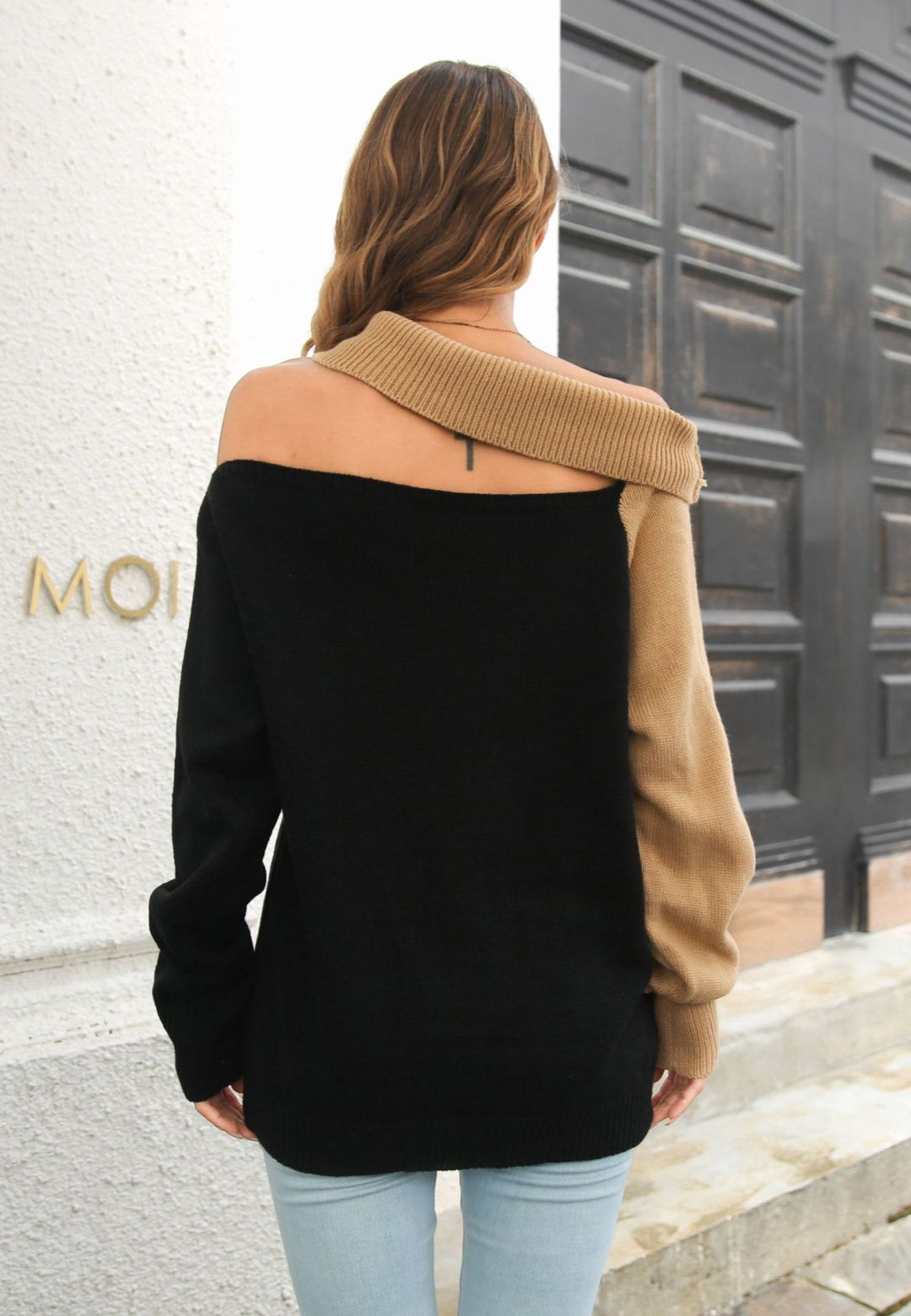 Two Tone One Shoulder Asymmetric Sweater