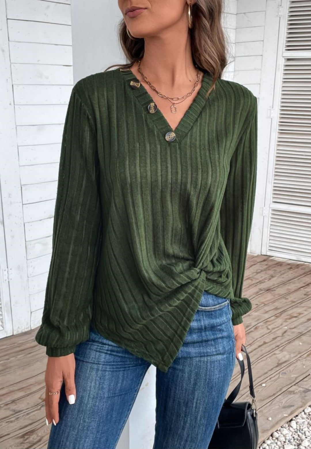 Button V Neck Twist Front Sweater