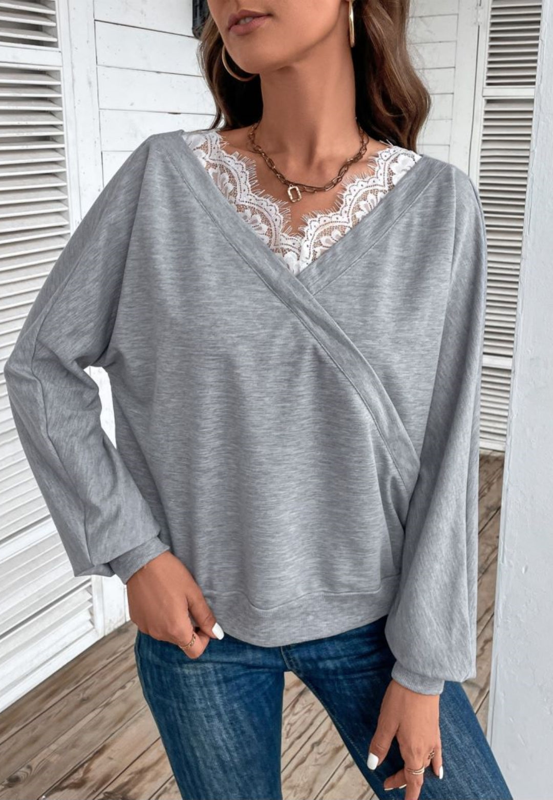 Lace Trim Surplice Sweater