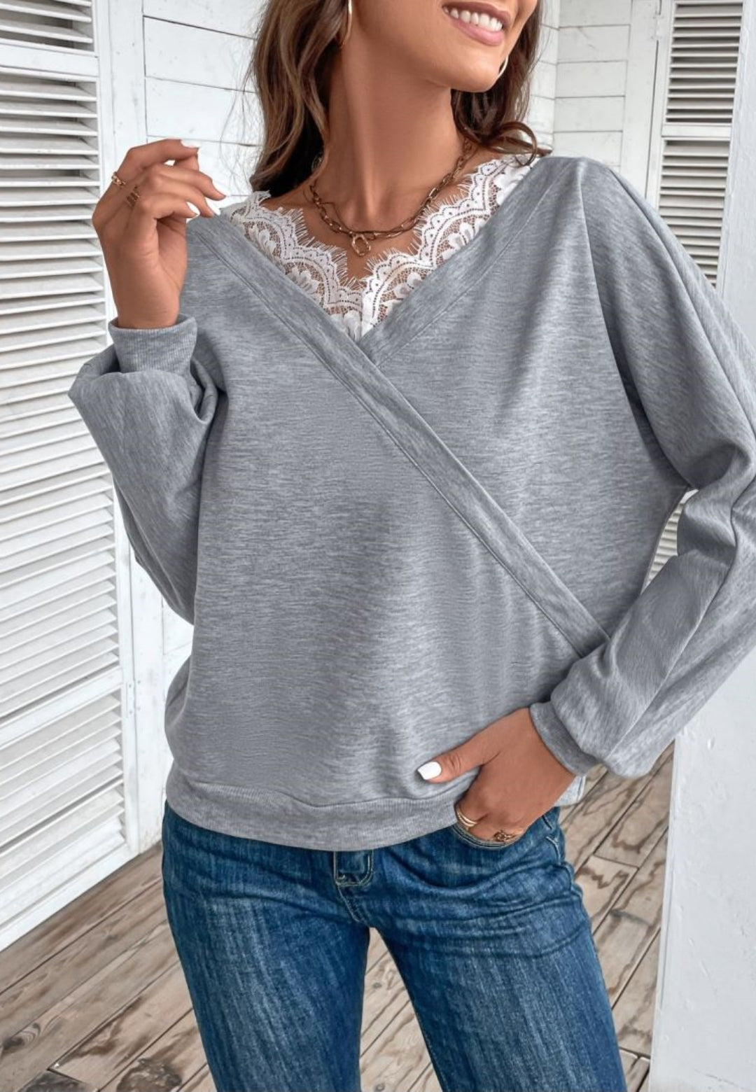 Lace Trim Surplice Sweater