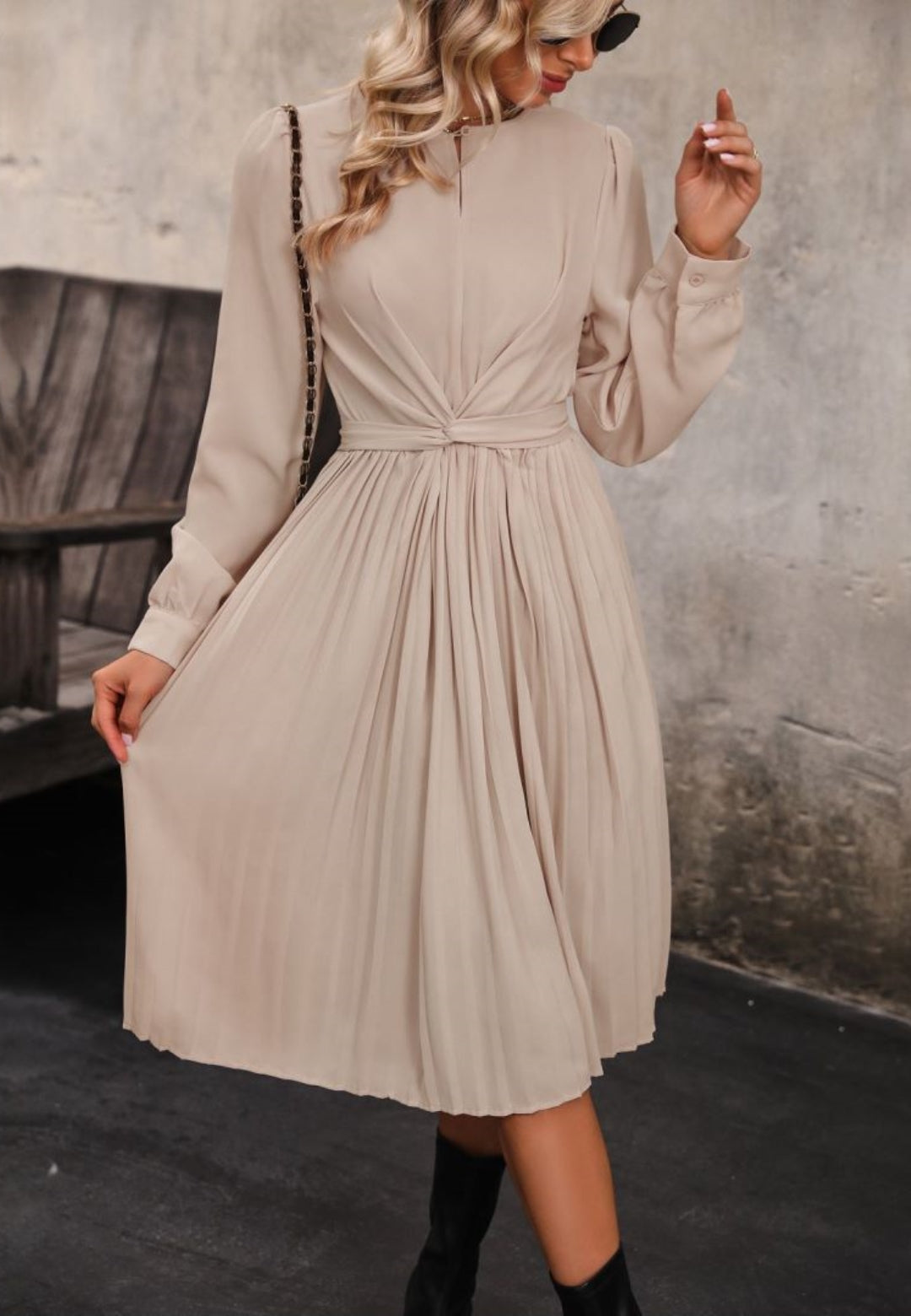 Solid Keyhole Front Twist Waist Pleated Dress Below Knee Length Anna-Kaci Solid Keyhole Front Twist Waist Pleated Dress Below Knee Length Anna-Kaci