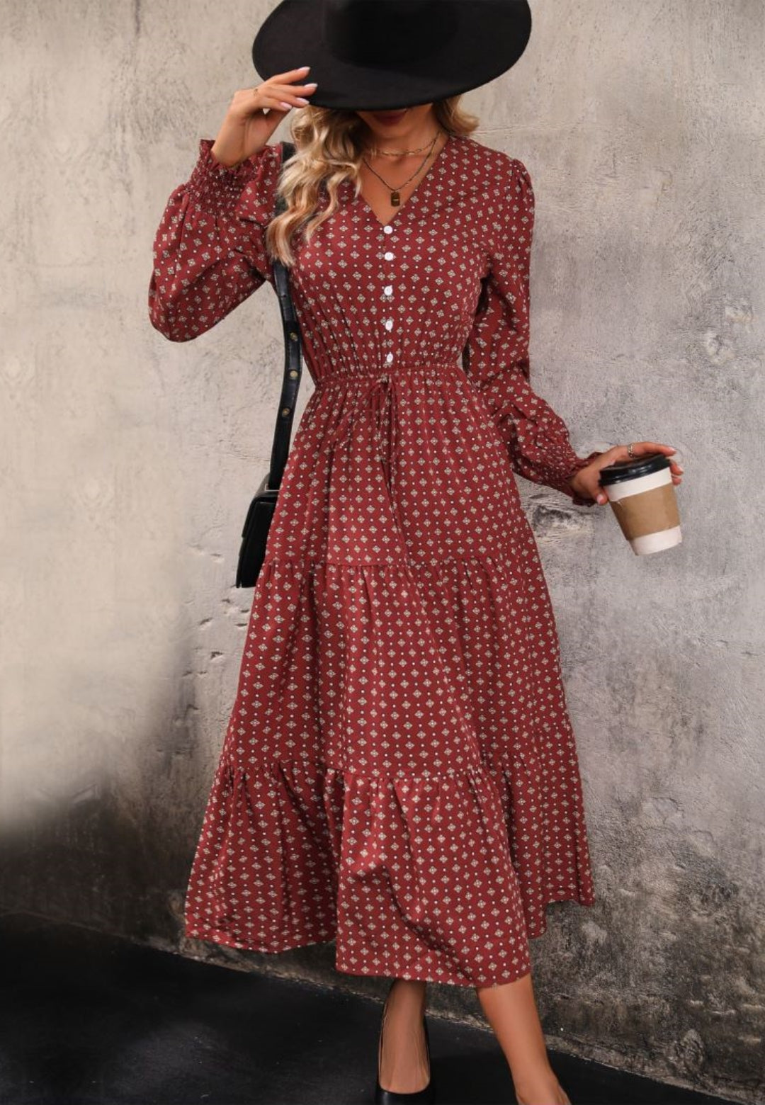 Geometric Print Button Detail Dress