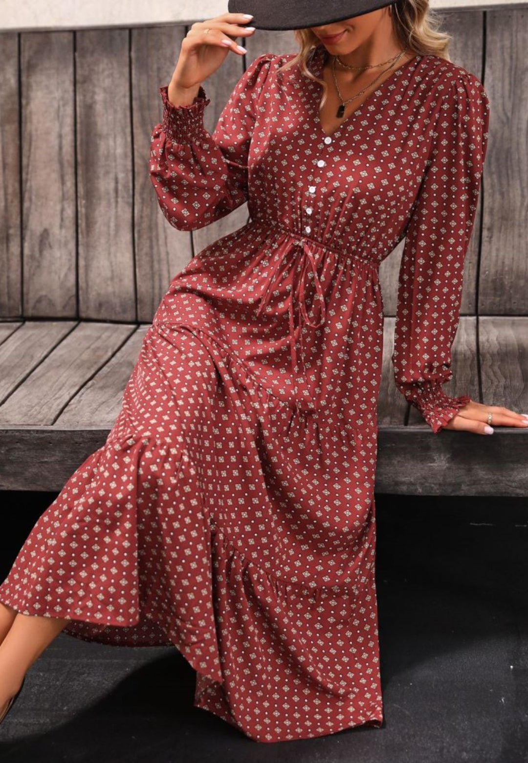 Geometric Print Button Detail Dress