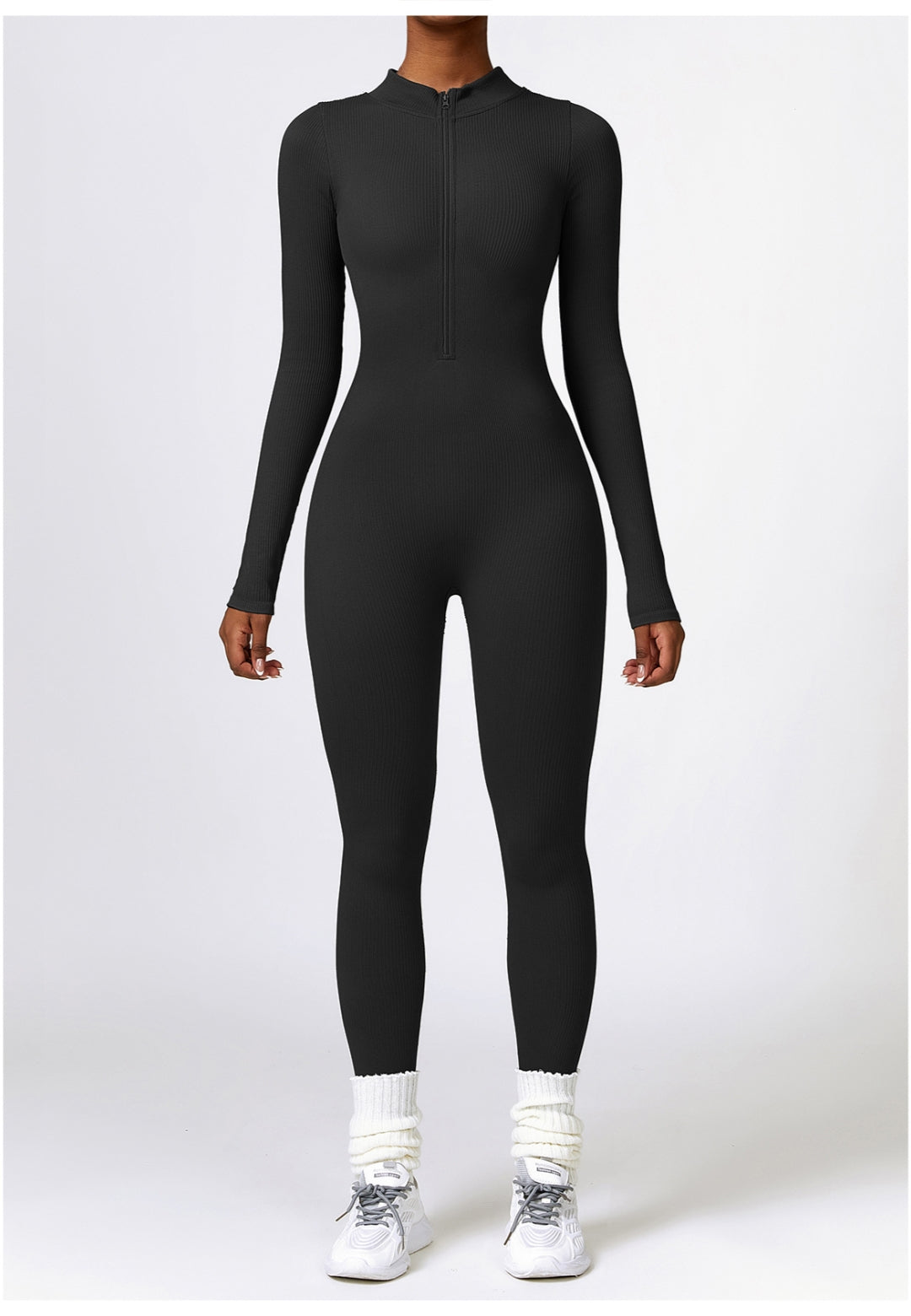 Zip-Up Ribbed Knit Unitard Jumpsuit