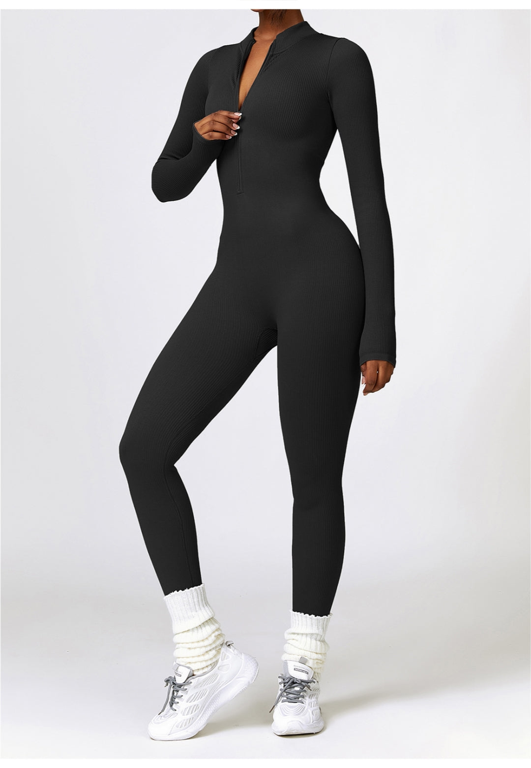 Zip-Up Ribbed Knit Unitard Jumpsuit