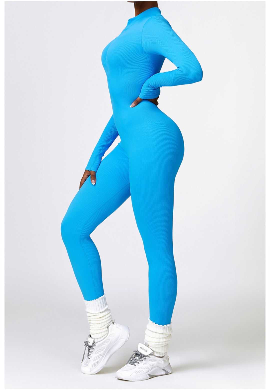 Zip-Up Ribbed Knit Unitard Jumpsuit