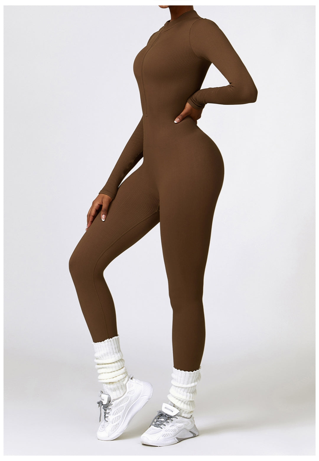 Zip-Up Ribbed Knit Unitard Jumpsuit