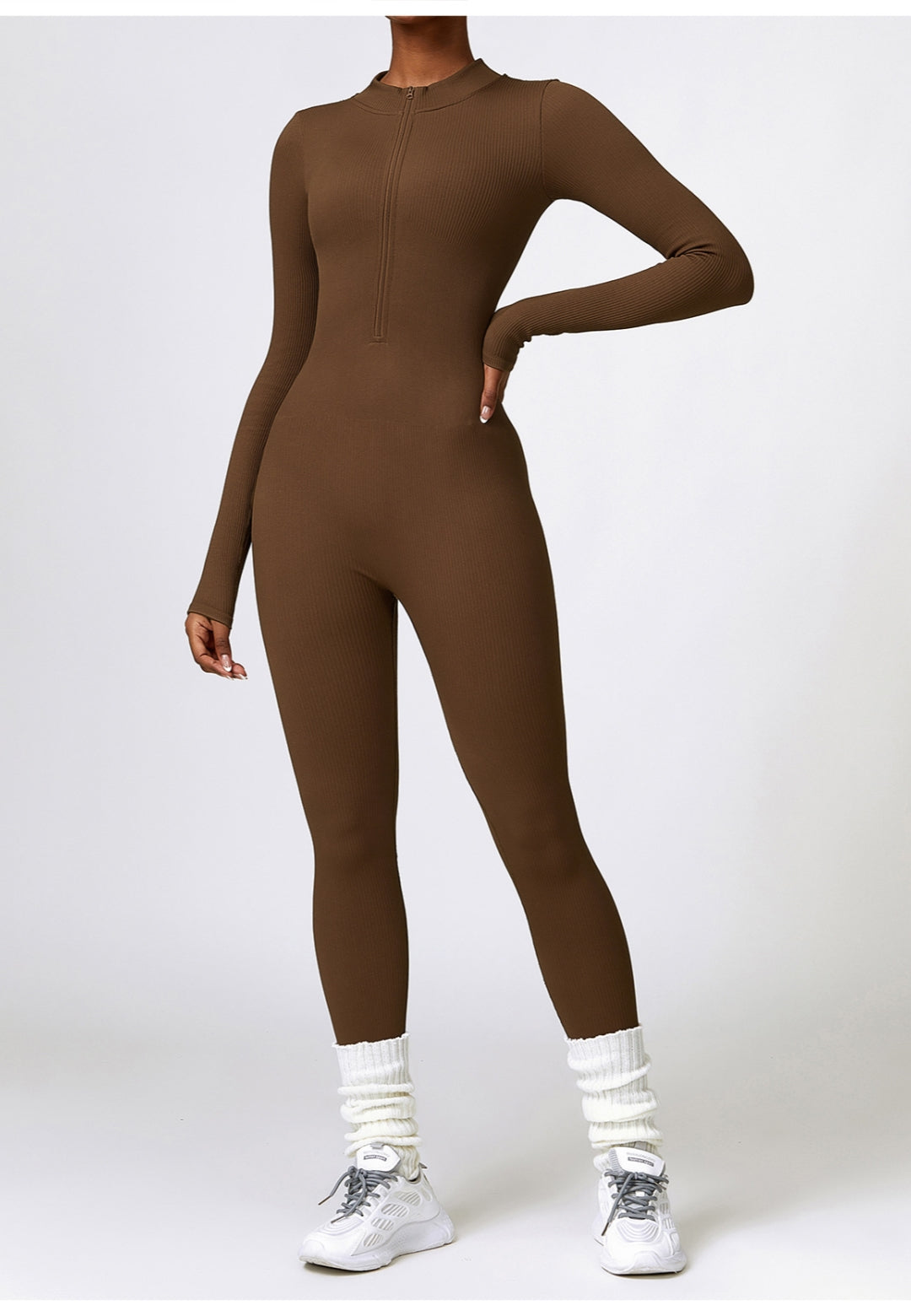 Zip-Up Ribbed Knit Unitard Jumpsuit