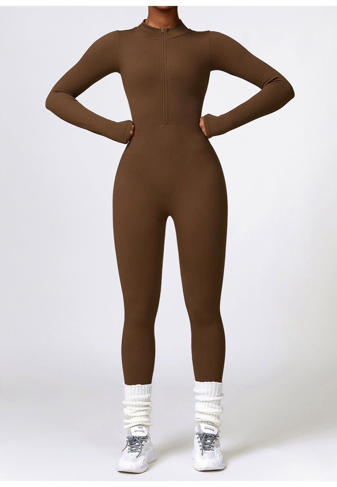 Zip-Up Ribbed Knit Unitard Jumpsuit