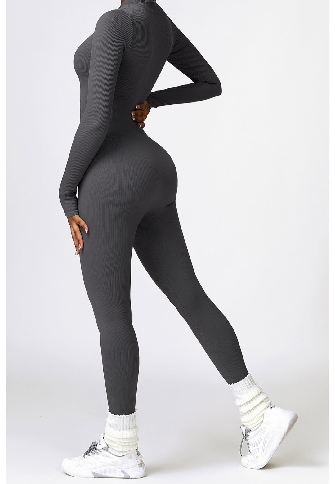 Zip-Up Ribbed Knit Unitard Jumpsuit