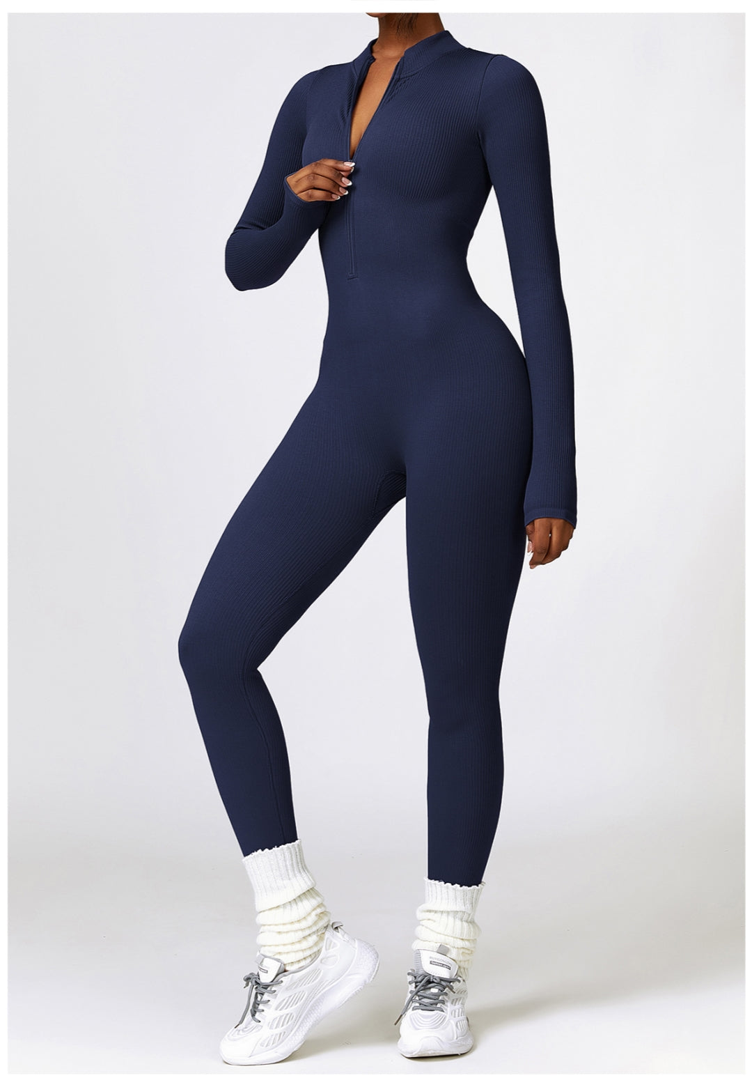 Zip-Up Ribbed Knit Unitard Jumpsuit