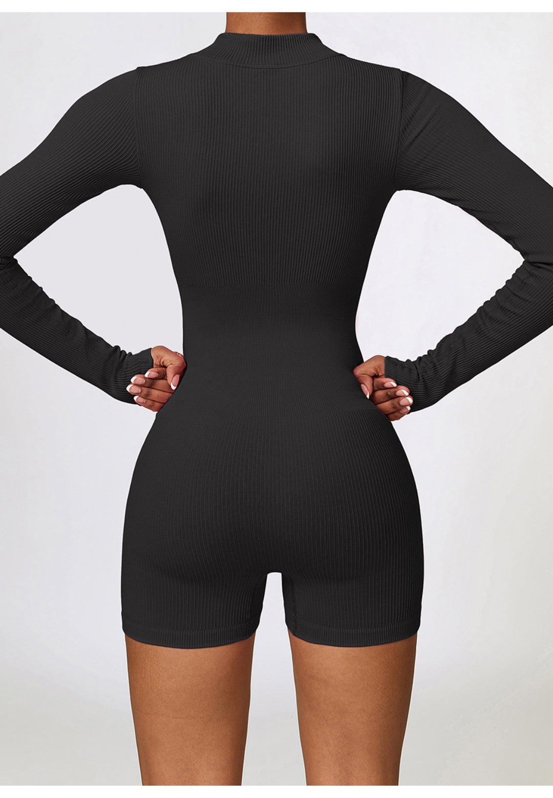 Zip-Up Ribbed Knit Unitard Romper