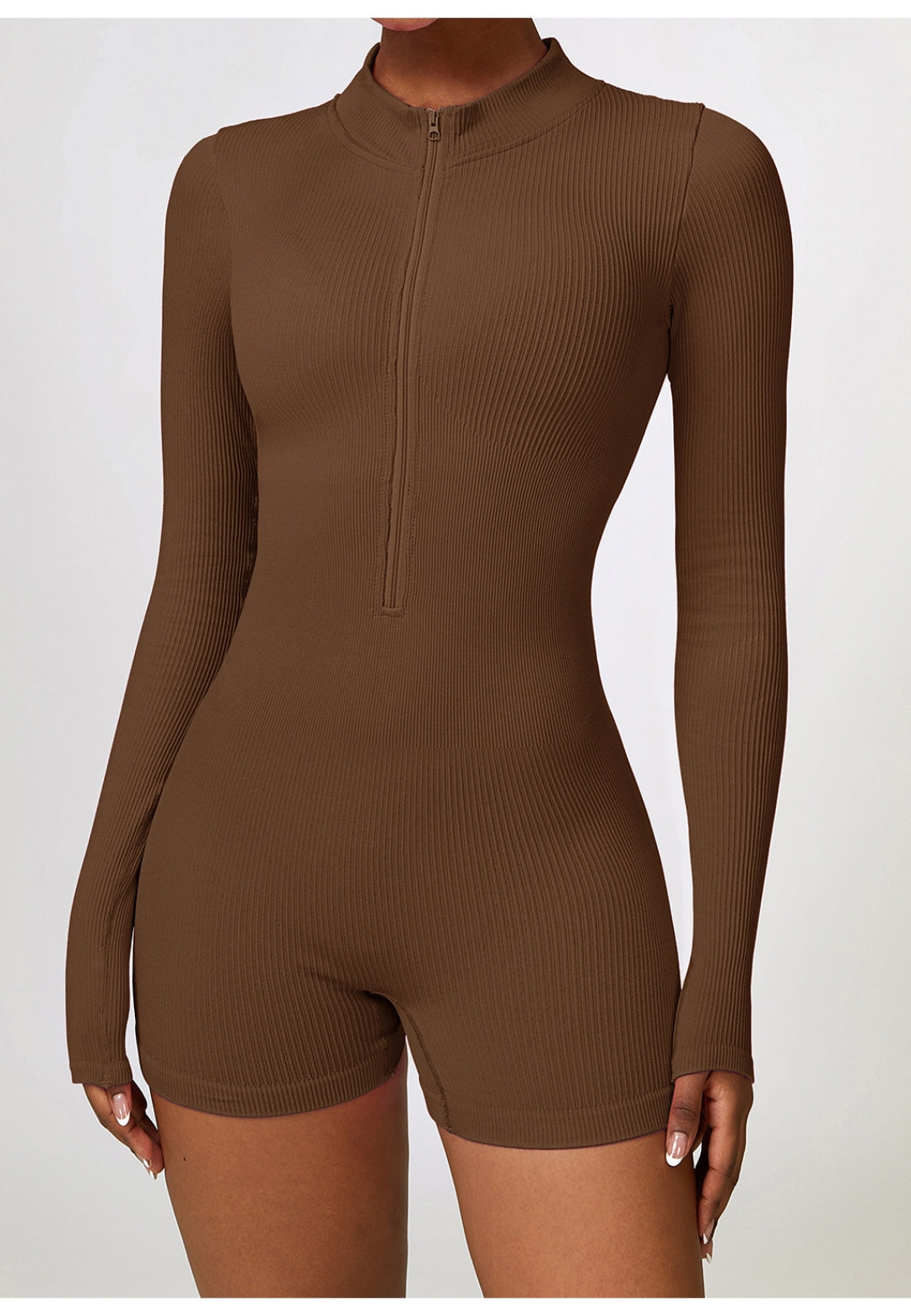 Zip-Up Ribbed Knit Unitard Romper