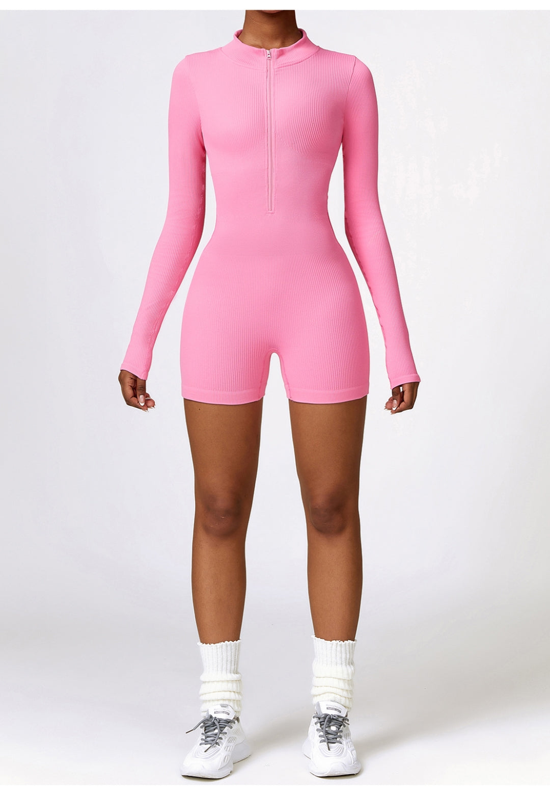 Zip-Up Ribbed Knit Unitard Romper