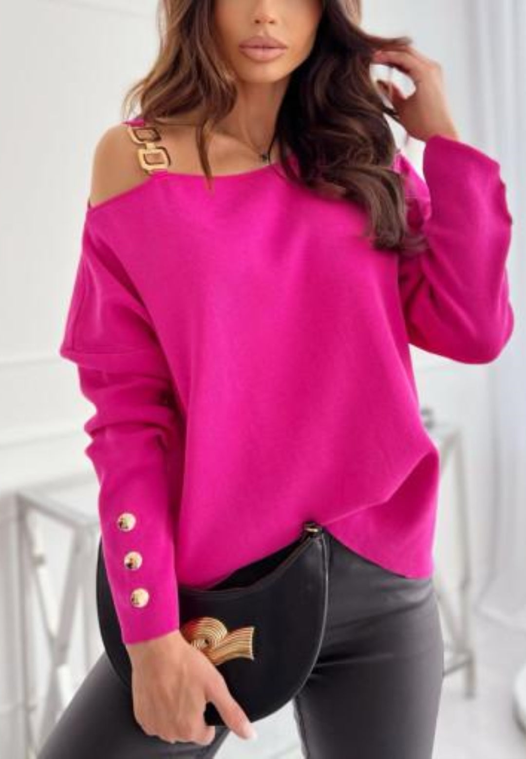 One Shoulder Chain Detail Sweater