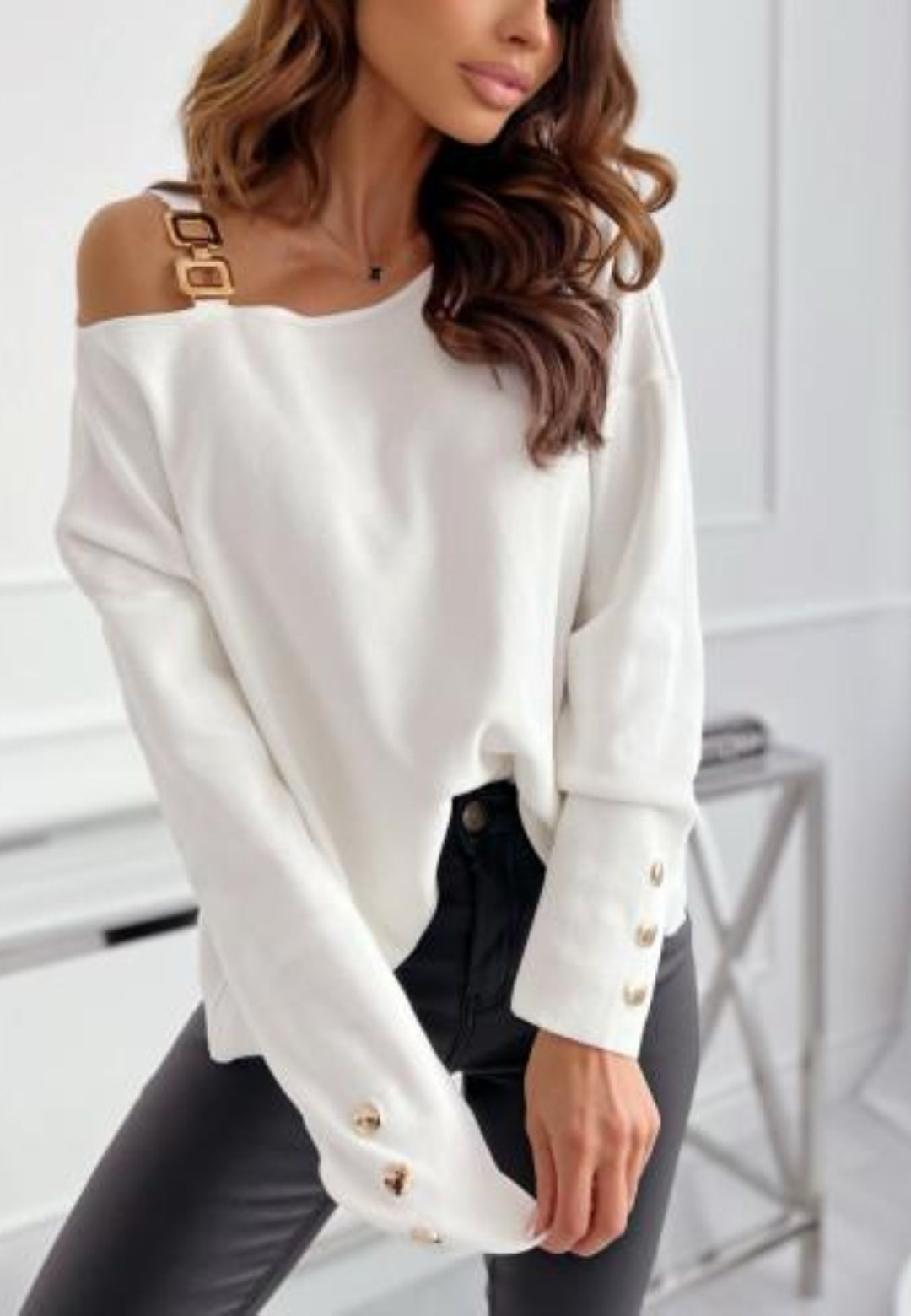 One Shoulder Chain Detail Sweater