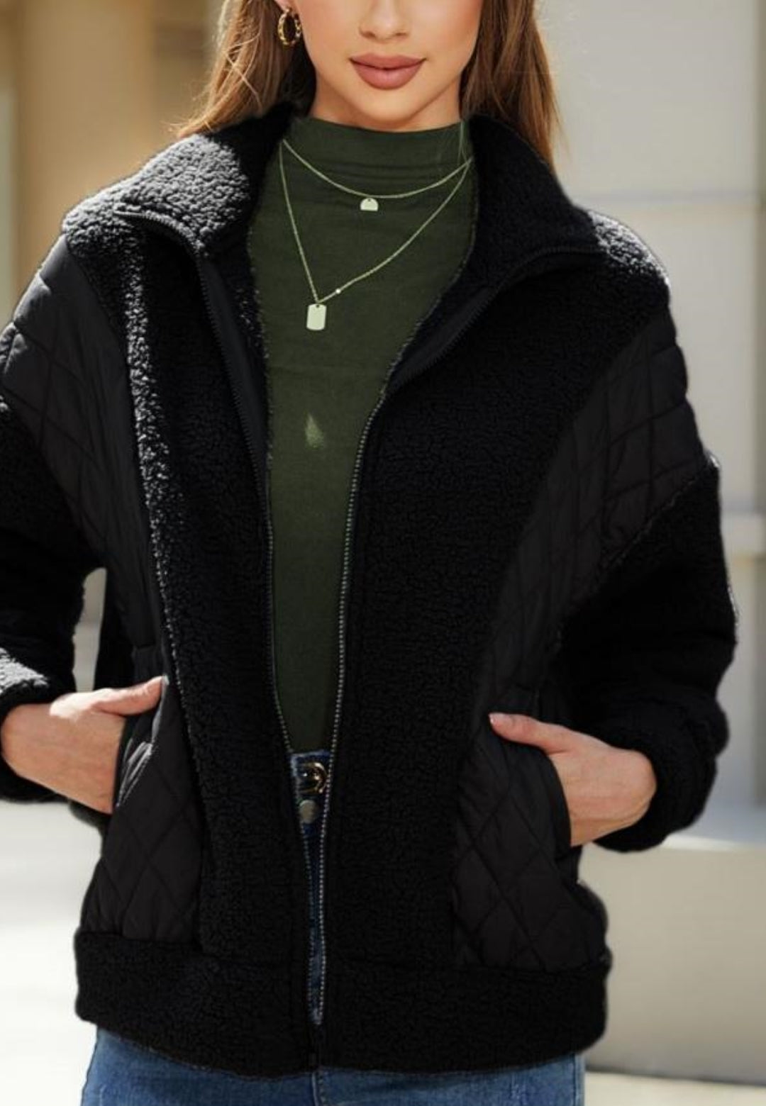 Zip-Up Quilted Detail Teddy Jacket
