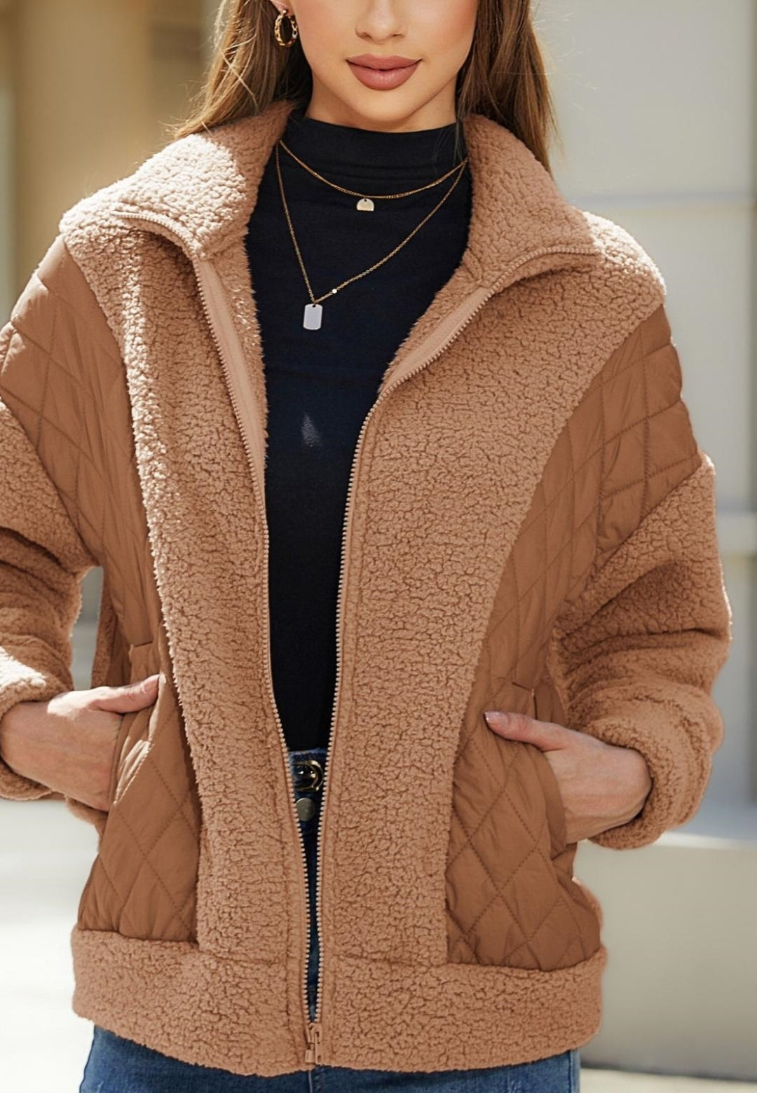 Zip-Up Quilted Detail Teddy Jacket