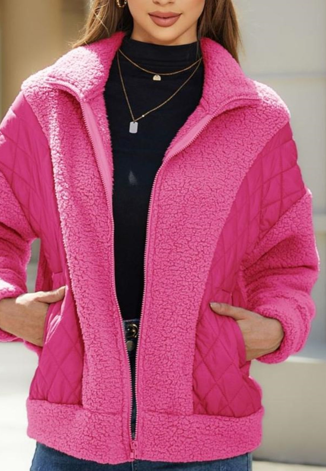 Zip-Up Quilted Detail Teddy Jacket