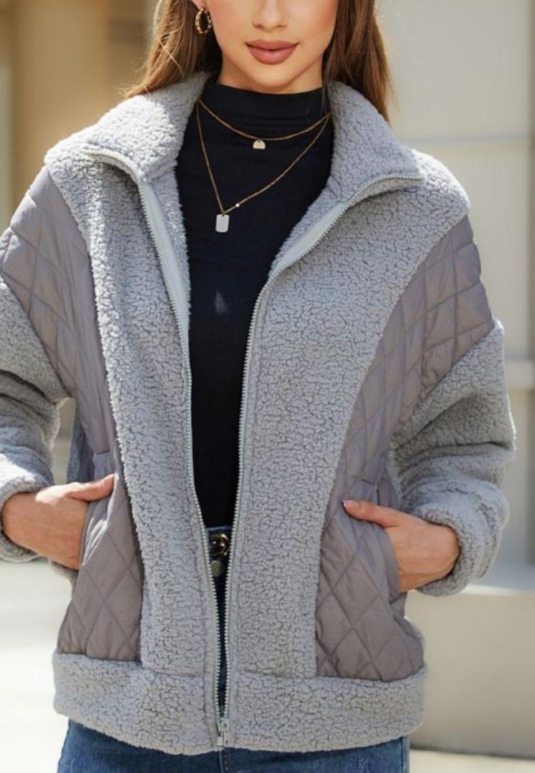 Zip-Up Quilted Detail Teddy Jacket