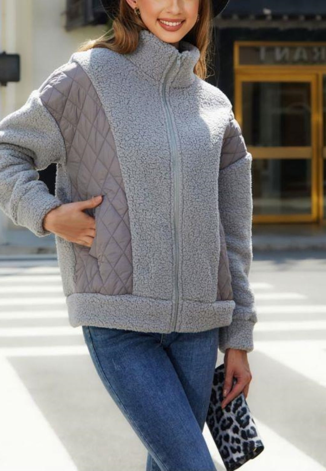 Zip-Up Quilted Detail Teddy Jacket