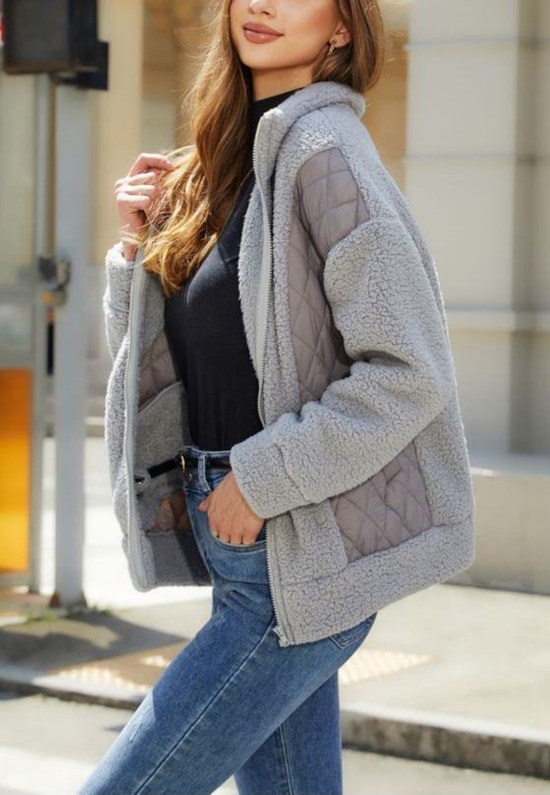 Zip-Up Quilted Detail Teddy Jacket