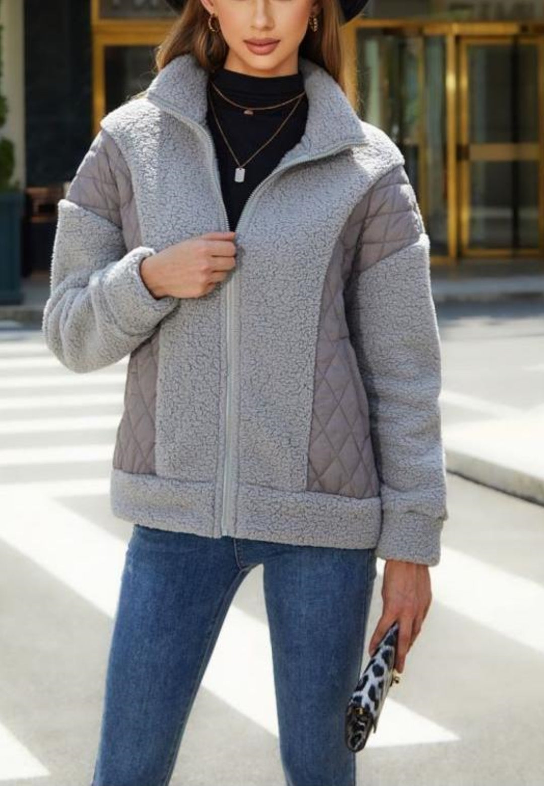 Zip-Up Quilted Detail Teddy Jacket