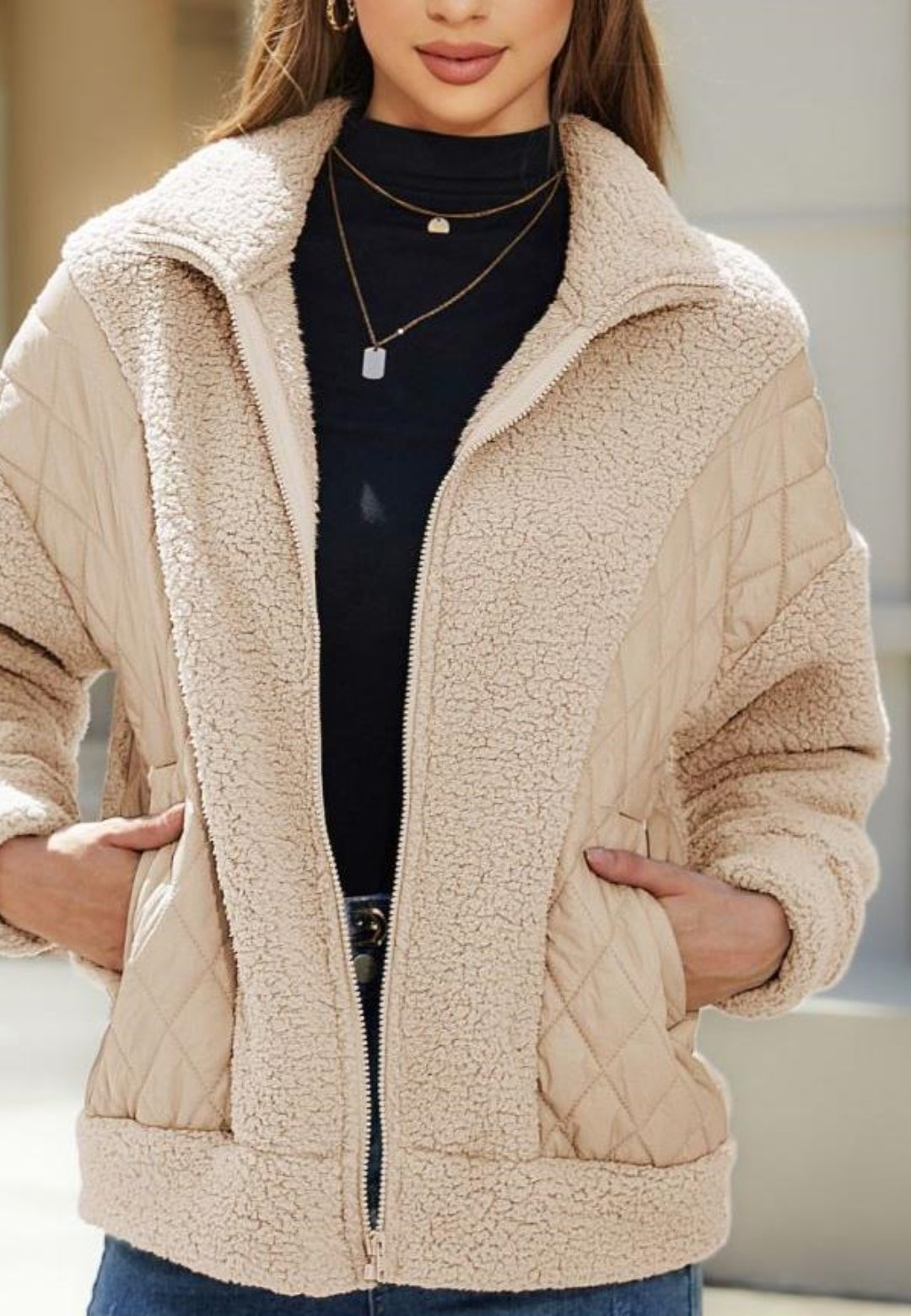 Zip-Up Quilted Detail Teddy Jacket
