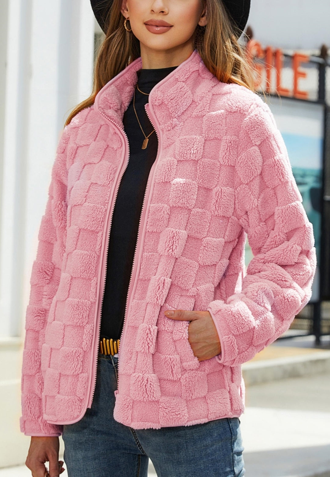 Checkered Pattern Fuzzy Jacket