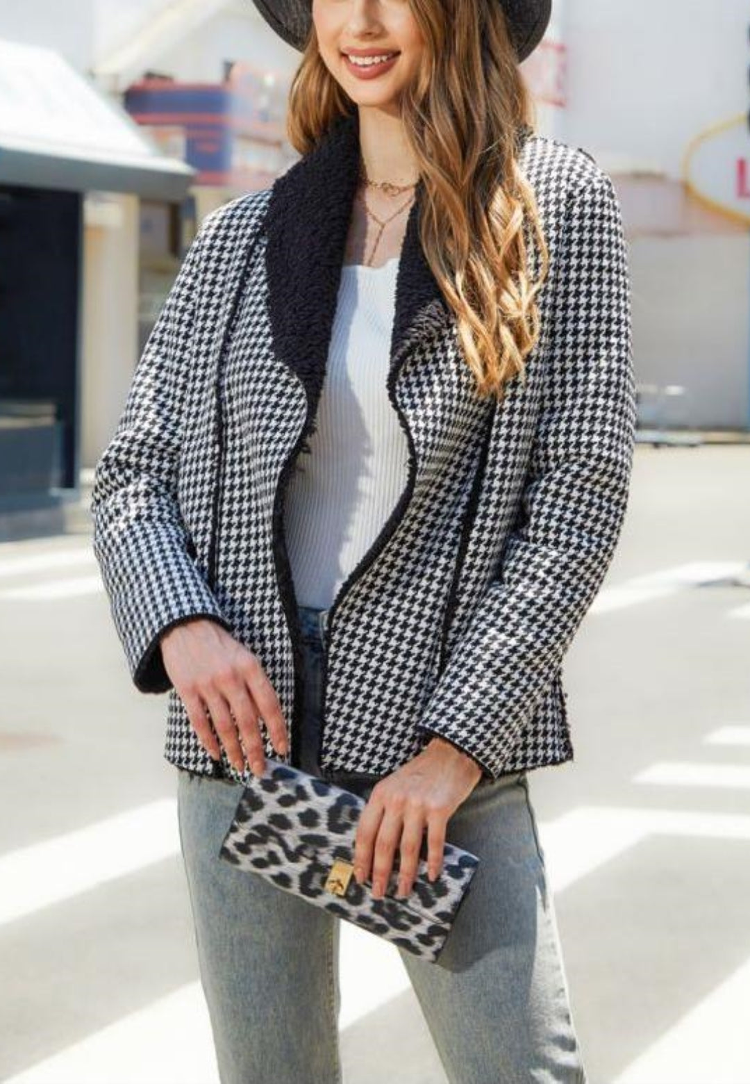 Blazer con estampado de pata de gallo y cuello de peluche