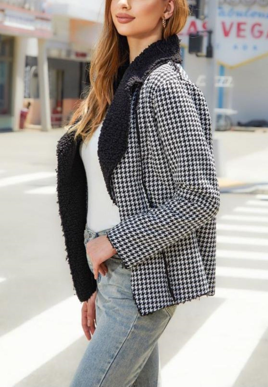 Blazer con estampado de pata de gallo y cuello de peluche