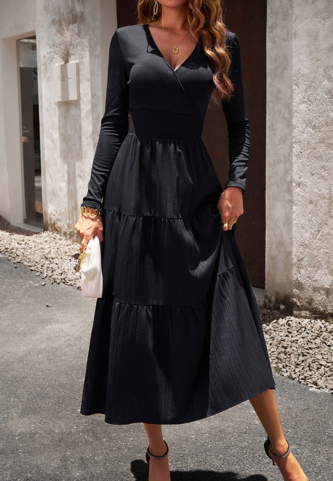 Surplice Neck Pleated Tiered Dress