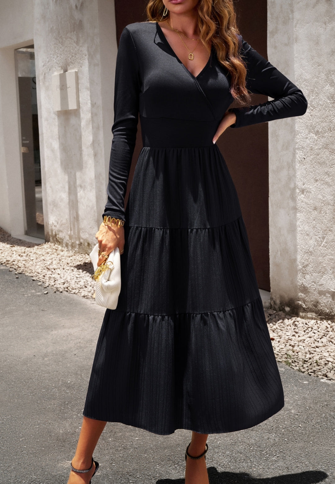 Surplice Neck Pleated Tiered Dress