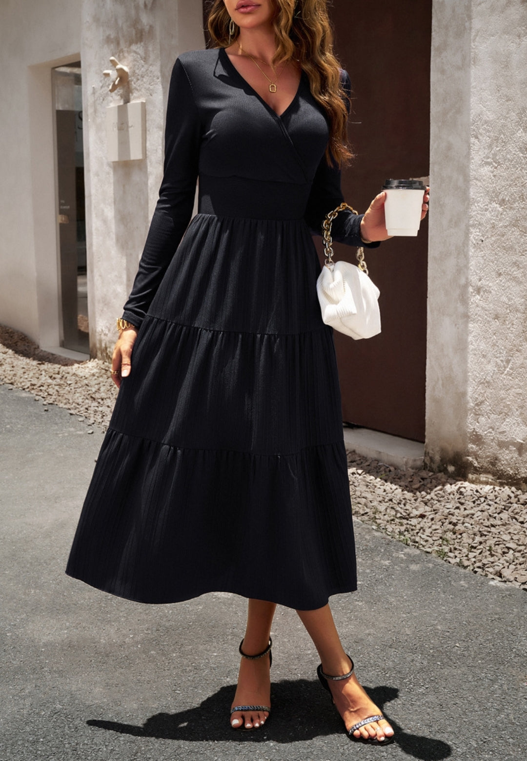 Surplice Neck Pleated Tiered Dress
