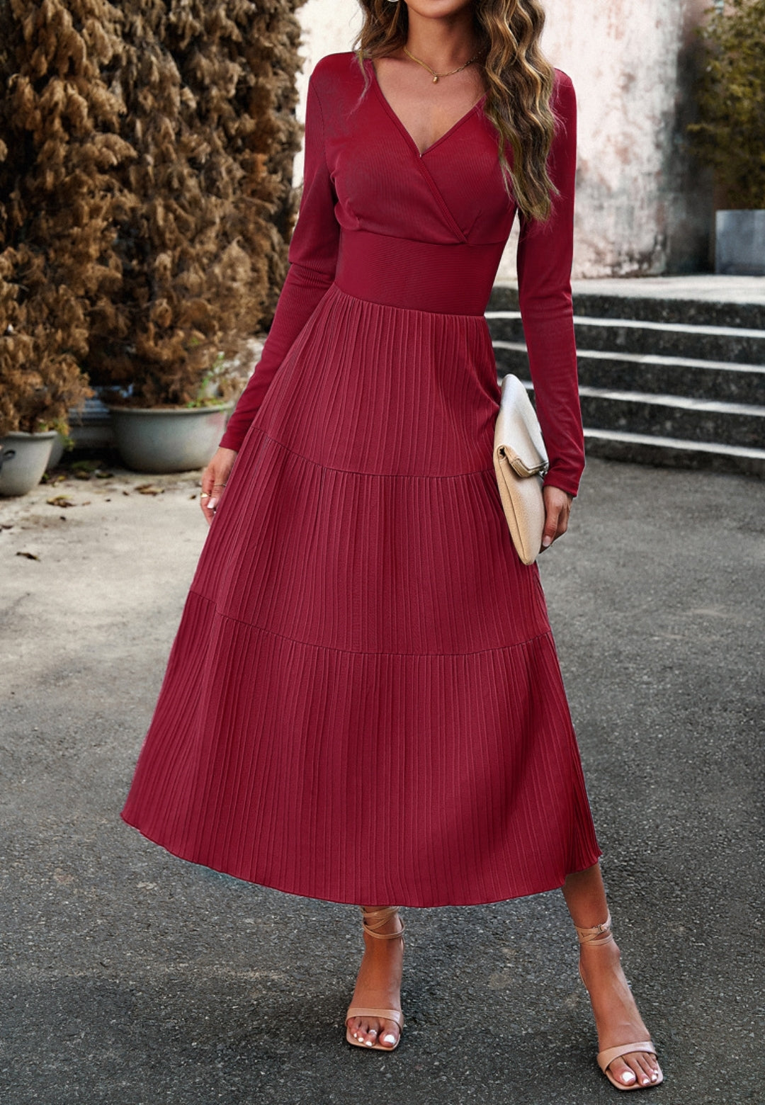 Surplice Neck Pleated Tiered Dress