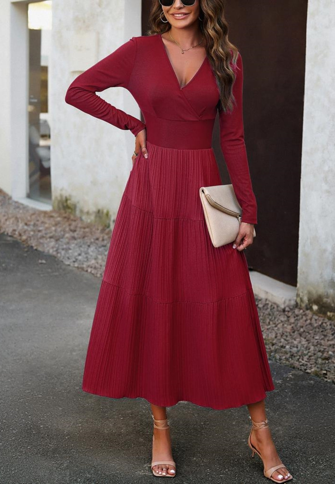 Surplice Neck Pleated Tiered Dress